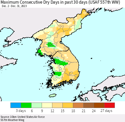 Korea Maximum Consecutive Dry Days in past 30 days (USAF 557th WW) 12/31/2023 Thematic Map For 12/26/2023 - 12/31/2023