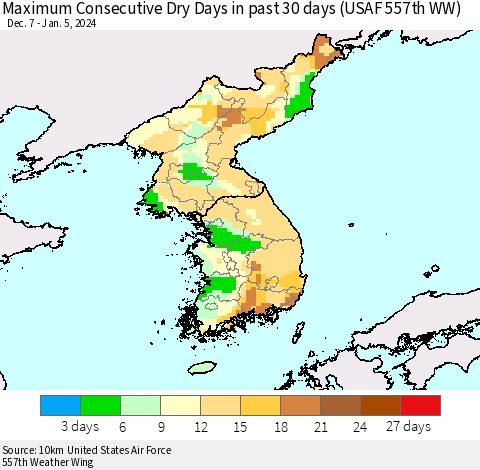Korea Maximum Consecutive Dry Days in past 30 days (USAF 557th WW) 01/05/2024 Thematic Map For 1/1/2024 - 1/5/2024