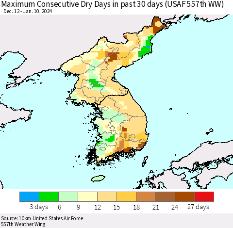 Korea Maximum Consecutive Dry Days in past 30 days (USAF 557th WW) 01/10/2024 Thematic Map For 1/6/2024 - 1/10/2024