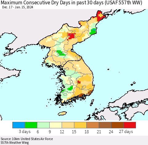 Korea Maximum Consecutive Dry Days in past 30 days (USAF 557th WW) 01/15/2024 Thematic Map For 1/11/2024 - 1/15/2024