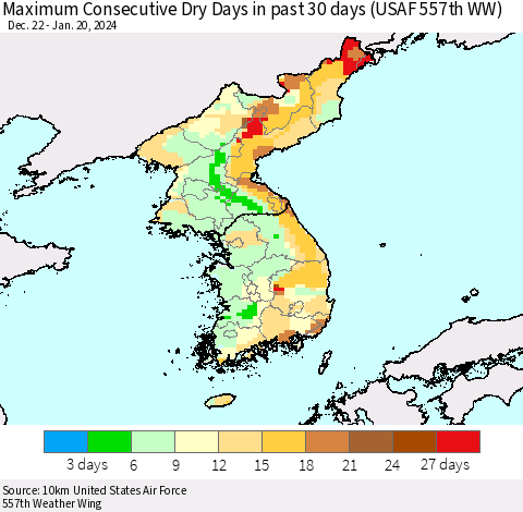 Korea Maximum Consecutive Dry Days in past 30 days (USAF 557th WW) 01/20/2024 Thematic Map For 1/16/2024 - 1/20/2024