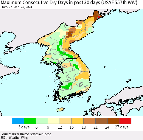 Korea Maximum Consecutive Dry Days in past 30 days (USAF 557th WW) 01/25/2024 Thematic Map For 1/21/2024 - 1/25/2024