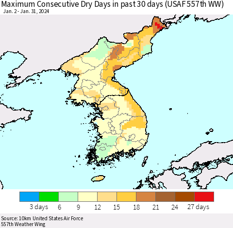 Korea Maximum Consecutive Dry Days in past 30 days (USAF 557th WW) 01/31/2024 Thematic Map For 1/26/2024 - 1/31/2024