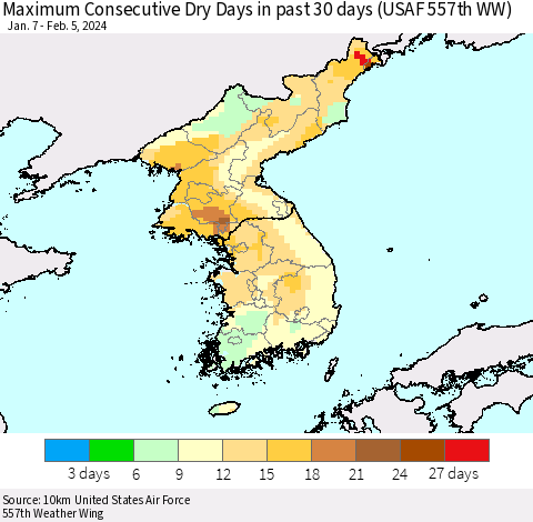 Korea Maximum Consecutive Dry Days in past 30 days (USAF 557th WW) 02/05/2024 Thematic Map For 2/1/2024 - 2/5/2024