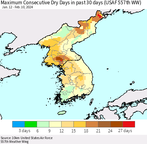 Korea Maximum Consecutive Dry Days in past 30 days (USAF 557th WW) 02/10/2024 Thematic Map For 2/6/2024 - 2/10/2024