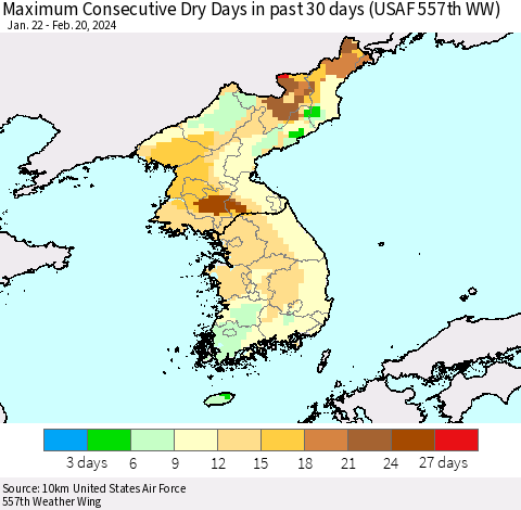 Korea Maximum Consecutive Dry Days in past 30 days (USAF 557th WW) 02/20/2024 Thematic Map For 2/16/2024 - 2/20/2024
