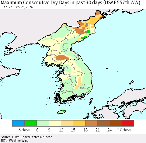 Korea Maximum Consecutive Dry Days in past 30 days (USAF 557th WW) 02/25/2024 Thematic Map For 2/21/2024 - 2/25/2024
