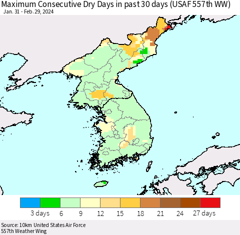 Korea Maximum Consecutive Dry Days in past 30 days (USAF 557th WW) 02/29/2024 Thematic Map For 2/26/2024 - 2/29/2024