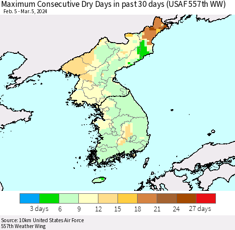 Korea Maximum Consecutive Dry Days in past 30 days (USAF 557th WW) 03/05/2024 Thematic Map For 3/1/2024 - 3/5/2024