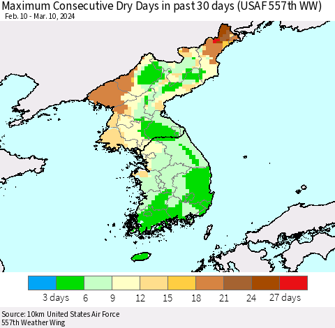 Korea Maximum Consecutive Dry Days in past 30 days (USAF 557th WW) 03/10/2024 Thematic Map For 3/6/2024 - 3/10/2024