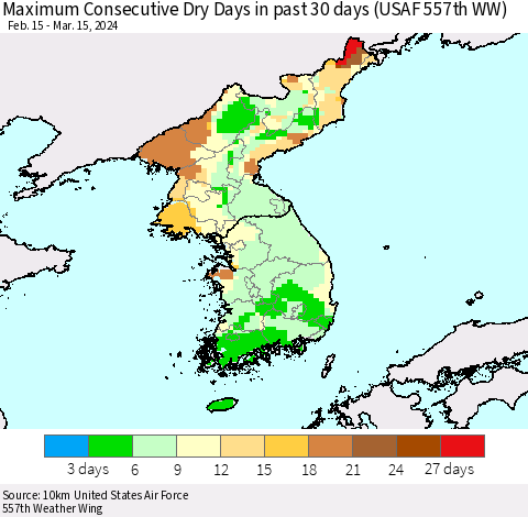 Korea Maximum Consecutive Dry Days in past 30 days (USAF 557th WW) 03/15/2024 Thematic Map For 3/11/2024 - 3/15/2024