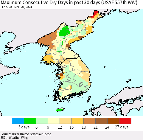 Korea Maximum Consecutive Dry Days in past 30 days (USAF 557th WW) 03/20/2024 Thematic Map For 3/16/2024 - 3/20/2024