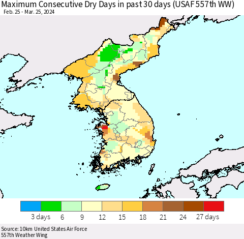 Korea Maximum Consecutive Dry Days in past 30 days (USAF 557th WW) 03/25/2024 Thematic Map For 3/21/2024 - 3/25/2024