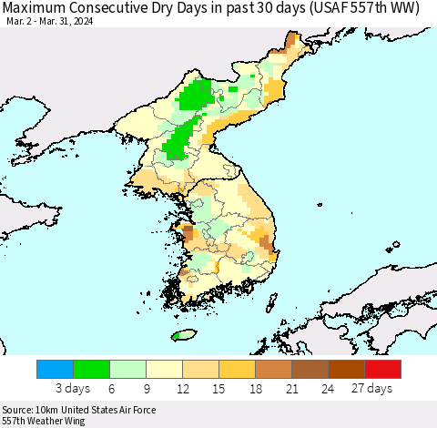 Korea Maximum Consecutive Dry Days in past 30 days (USAF 557th WW) 03/31/2024 Thematic Map For 3/26/2024 - 3/31/2024