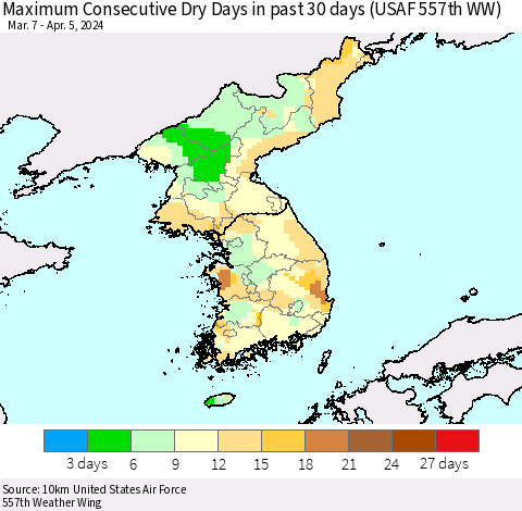 Korea Maximum Consecutive Dry Days in past 30 days (USAF 557th WW) 04/05/2024 Thematic Map For 4/1/2024 - 4/5/2024