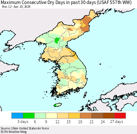 Korea Maximum Consecutive Dry Days in past 30 days (USAF 557th WW) 04/10/2024 Thematic Map For 4/6/2024 - 4/10/2024