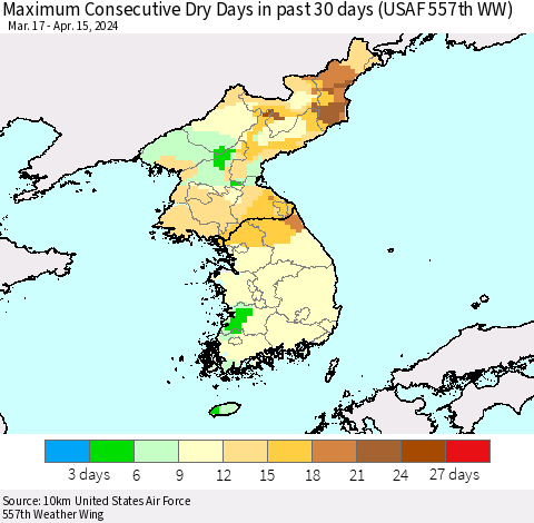 Korea Maximum Consecutive Dry Days in past 30 days (USAF 557th WW) 04/15/2024 Thematic Map For 4/11/2024 - 4/15/2024