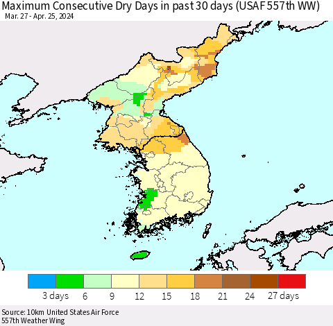 Korea Maximum Consecutive Dry Days in past 30 days (USAF 557th WW) 04/25/2024 Thematic Map For 4/21/2024 - 4/25/2024