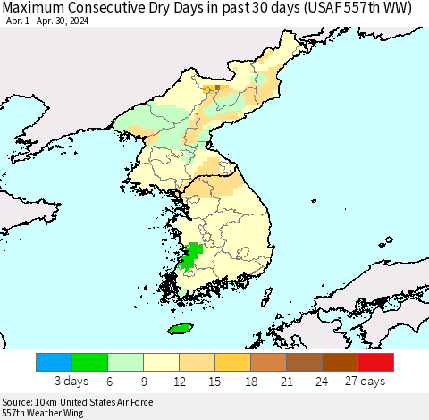 Korea Maximum Consecutive Dry Days in past 30 days (USAF 557th WW) 04/30/2024 Thematic Map For 4/26/2024 - 4/30/2024