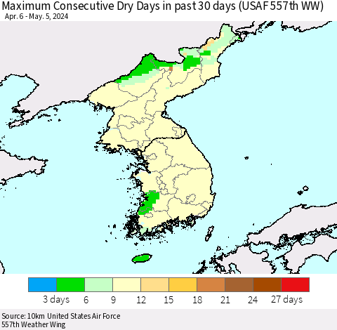 Korea Maximum Consecutive Dry Days in past 30 days (USAF 557th WW) 05/05/2024 Thematic Map For 5/1/2024 - 5/5/2024