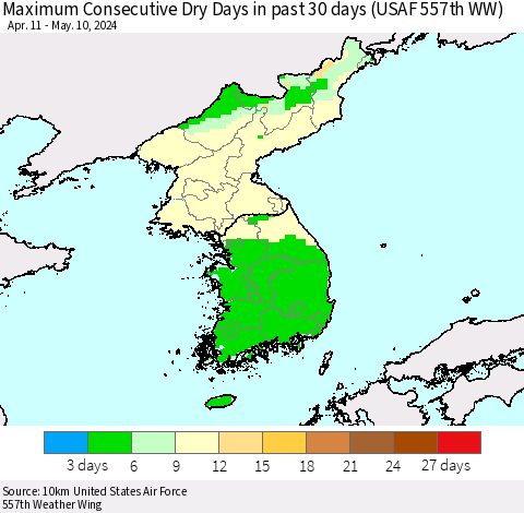 Korea Maximum Consecutive Dry Days in past 30 days (USAF 557th WW) 05/10/2024 Thematic Map For 5/6/2024 - 5/10/2024