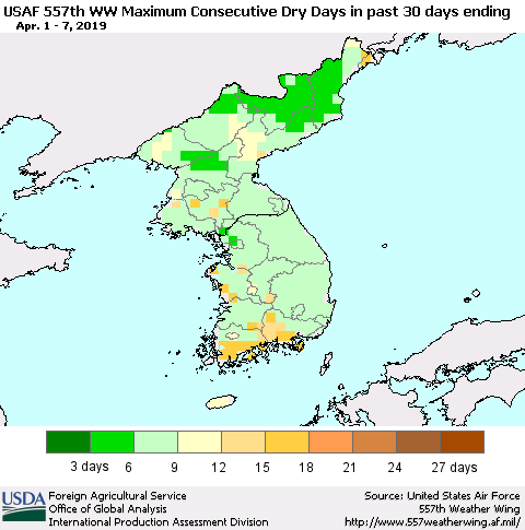 Korea Maximum Consecutive Dry Days in past 30 days (USAF 557th WW) 04/07/2019 Thematic Map For 4/1/2019 - 4/7/2019