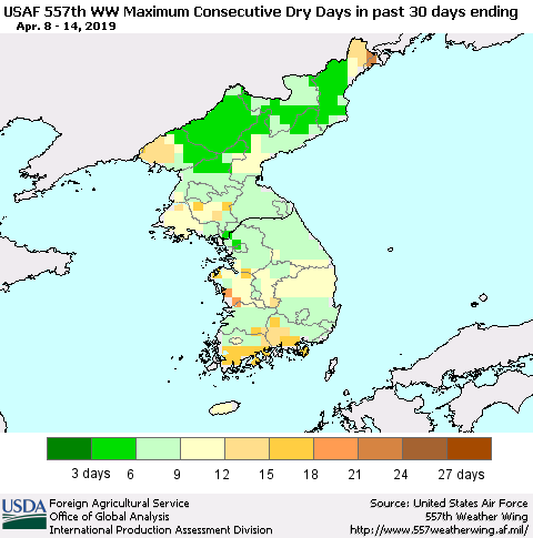 Korea Maximum Consecutive Dry Days in past 30 days (USAF 557th WW) 04/14/2019 Thematic Map For 4/8/2019 - 4/14/2019