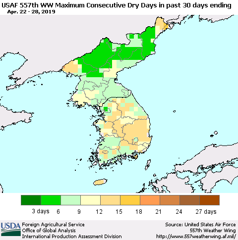 Korea Maximum Consecutive Dry Days in past 30 days (USAF 557th WW) 04/28/2019 Thematic Map For 4/22/2019 - 4/28/2019