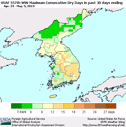 Korea Maximum Consecutive Dry Days in past 30 days (USAF 557th WW) 05/05/2019 Thematic Map For 4/29/2019 - 5/5/2019