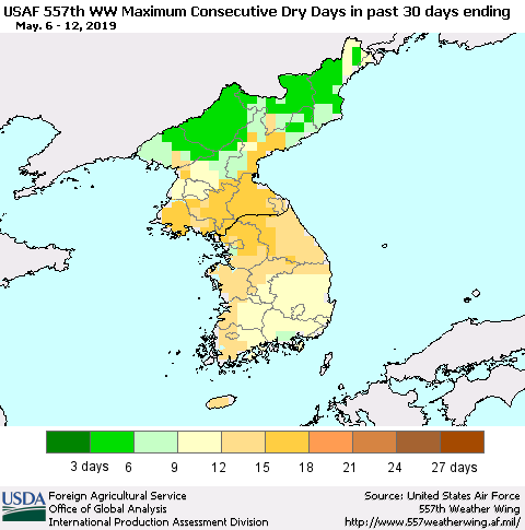 Korea Maximum Consecutive Dry Days in past 30 days (USAF 557th WW) 05/12/2019 Thematic Map For 5/6/2019 - 5/12/2019