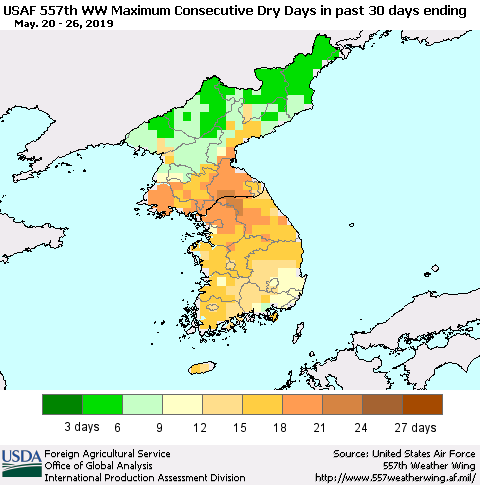Korea Maximum Consecutive Dry Days in past 30 days (USAF 557th WW) 05/26/2019 Thematic Map For 5/20/2019 - 5/26/2019