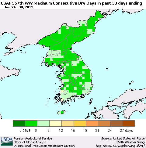 Korea Maximum Consecutive Dry Days in past 30 days (USAF 557th WW) 06/30/2019 Thematic Map For 6/24/2019 - 6/30/2019