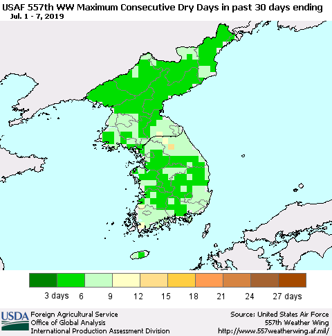 Korea Maximum Consecutive Dry Days in past 30 days (USAF 557th WW) 07/07/2019 Thematic Map For 7/1/2019 - 7/7/2019