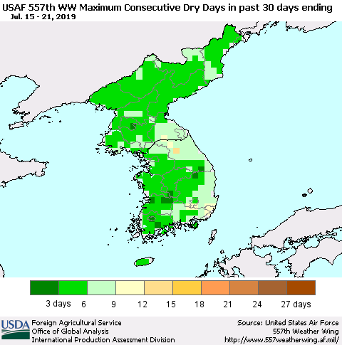 Korea Maximum Consecutive Dry Days in past 30 days (USAF 557th WW) 07/21/2019 Thematic Map For 7/15/2019 - 7/21/2019