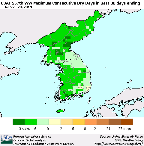 Korea Maximum Consecutive Dry Days in past 30 days (USAF 557th WW) 07/28/2019 Thematic Map For 7/22/2019 - 7/28/2019
