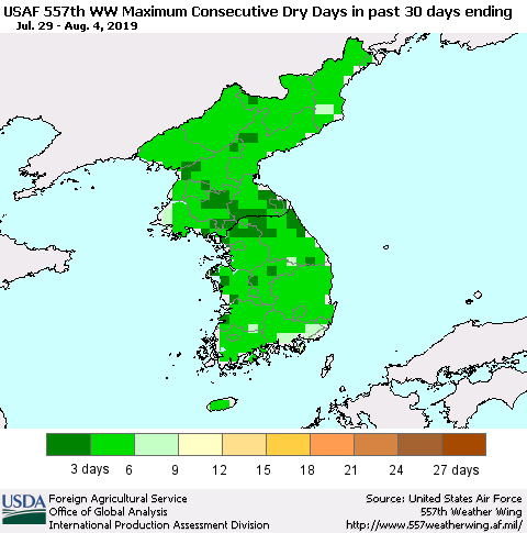 Korea Maximum Consecutive Dry Days in past 30 days (USAF 557th WW) 08/04/2019 Thematic Map For 7/29/2019 - 8/4/2019