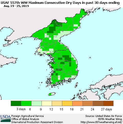 Korea Maximum Consecutive Dry Days in past 30 days (USAF 557th WW) 08/25/2019 Thematic Map For 8/19/2019 - 8/25/2019