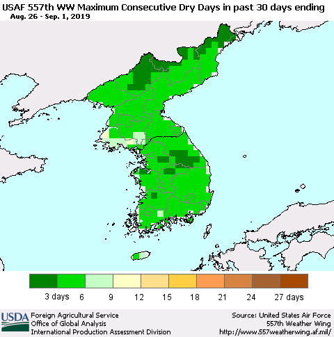 Korea Maximum Consecutive Dry Days in past 30 days (USAF 557th WW) 09/01/2019 Thematic Map For 8/26/2019 - 9/1/2019