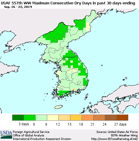 Korea Maximum Consecutive Dry Days in past 30 days (USAF 557th WW) 09/22/2019 Thematic Map For 9/16/2019 - 9/22/2019
