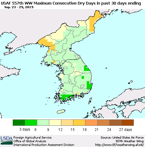 Korea Maximum Consecutive Dry Days in past 30 days (USAF 557th WW) 09/29/2019 Thematic Map For 9/23/2019 - 9/29/2019