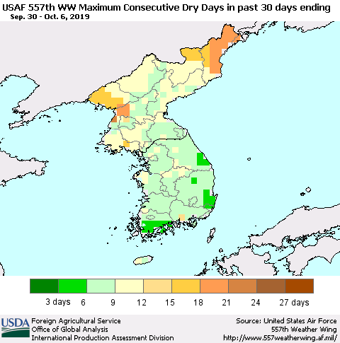 Korea Maximum Consecutive Dry Days in past 30 days (USAF 557th WW) 10/06/2019 Thematic Map For 9/30/2019 - 10/6/2019
