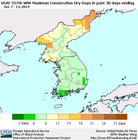 Korea Maximum Consecutive Dry Days in past 30 days (USAF 557th WW) 10/13/2019 Thematic Map For 10/7/2019 - 10/13/2019