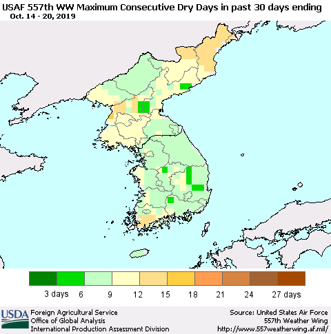 Korea Maximum Consecutive Dry Days in past 30 days (USAF 557th WW) 10/20/2019 Thematic Map For 10/14/2019 - 10/20/2019