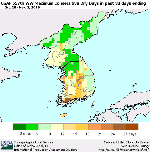 Korea Maximum Consecutive Dry Days in past 30 days (USAF 557th WW) 11/03/2019 Thematic Map For 10/28/2019 - 11/3/2019