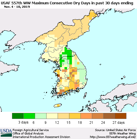 Korea Maximum Consecutive Dry Days in past 30 days (USAF 557th WW) 11/10/2019 Thematic Map For 11/4/2019 - 11/10/2019
