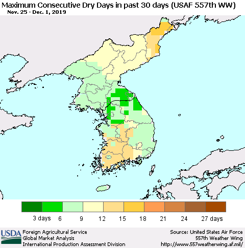 Korea Maximum Consecutive Dry Days in past 30 days (USAF 557th WW) 12/01/2019 Thematic Map For 11/25/2019 - 12/1/2019