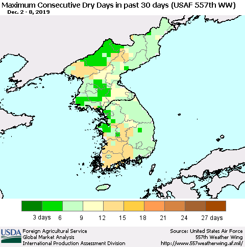 Korea Maximum Consecutive Dry Days in past 30 days (USAF 557th WW) 12/08/2019 Thematic Map For 12/2/2019 - 12/8/2019