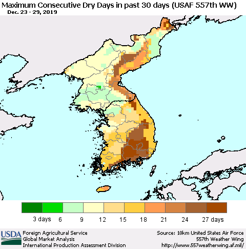 Korea Maximum Consecutive Dry Days in past 30 days (USAF 557th WW) 12/29/2019 Thematic Map For 12/23/2019 - 12/29/2019