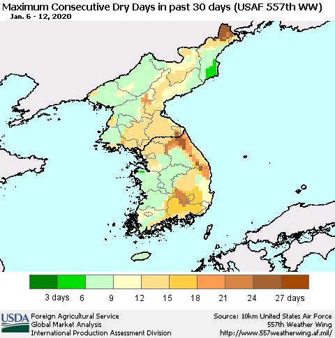 Korea Maximum Consecutive Dry Days in past 30 days (USAF 557th WW) 01/12/2020 Thematic Map For 1/6/2020 - 1/12/2020