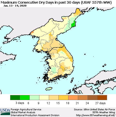 Korea Maximum Consecutive Dry Days in past 30 days (USAF 557th WW) 01/19/2020 Thematic Map For 1/13/2020 - 1/19/2020